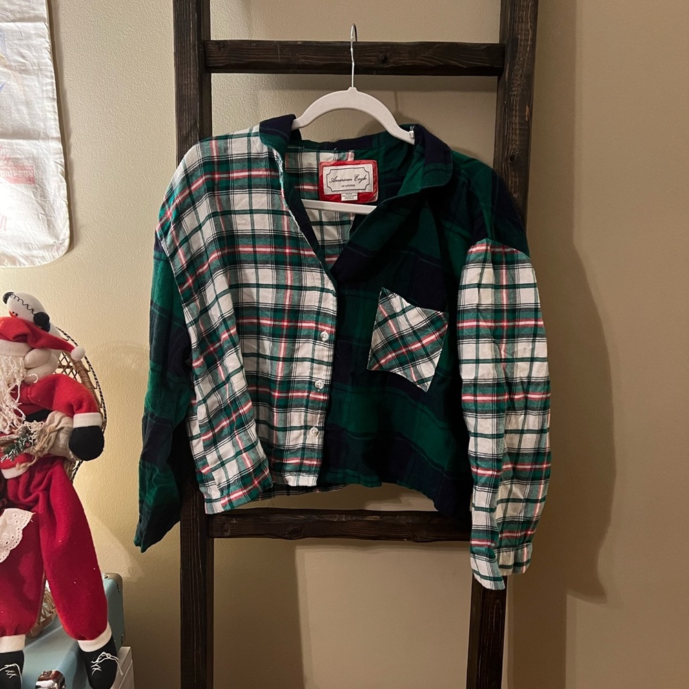 American Eagle Plaid Cropped Button Up Lounge Top